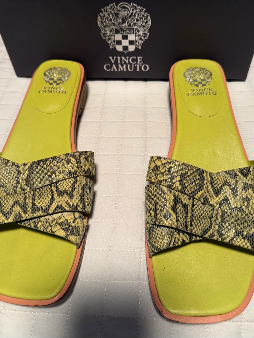 Vince Camuto Neon Lime Snake-Print Slide Mules